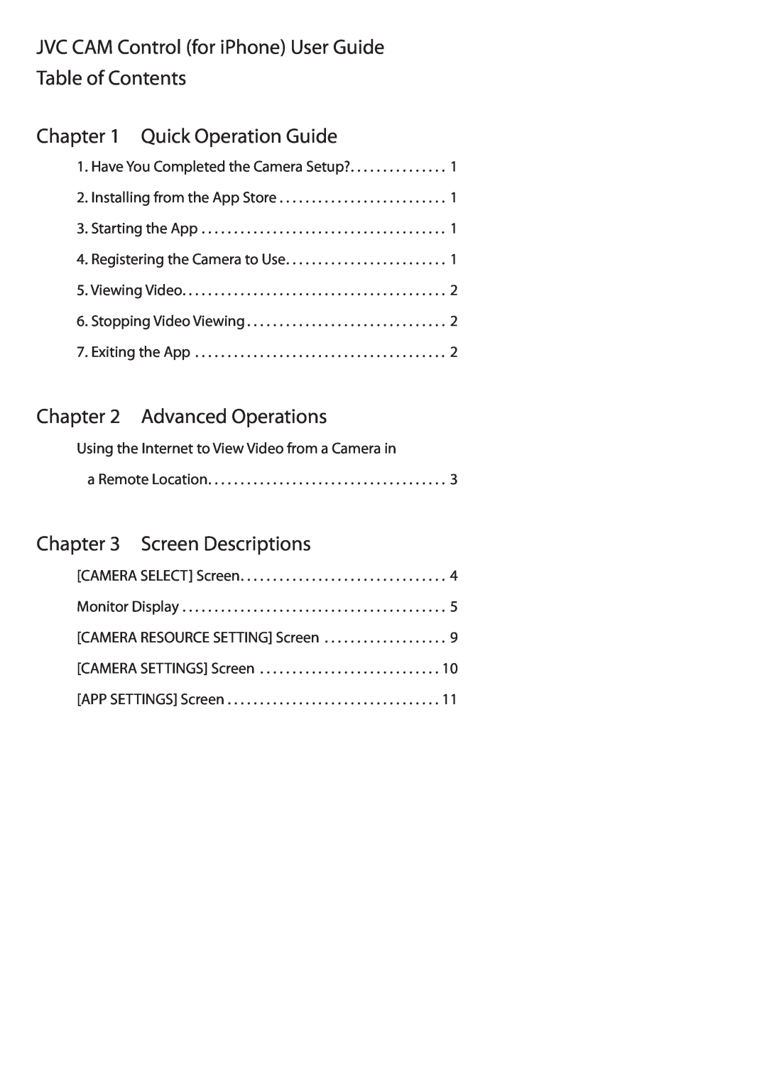 JVC GV-LS1, GV-LS2 JVC CAM Control for iPhone User Guide Table of Contents, Quick Operation Guide, Advanced Operations 